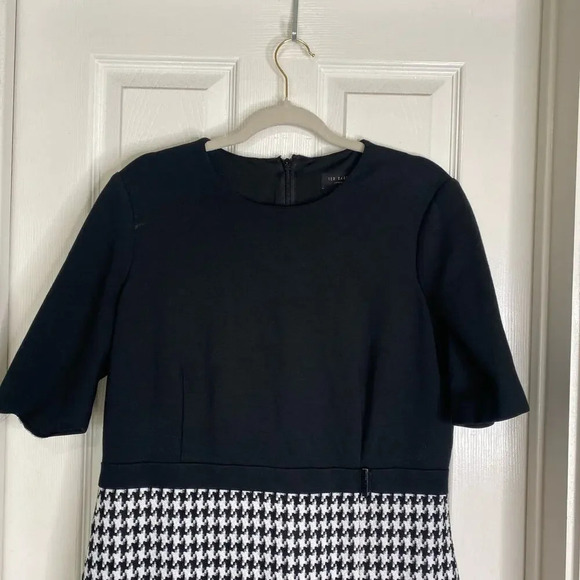 TED BAKER Johan Mixed Media Dress Houndstooth Black White Ted 6 US Plus Size 2X - Picture 3 of 8